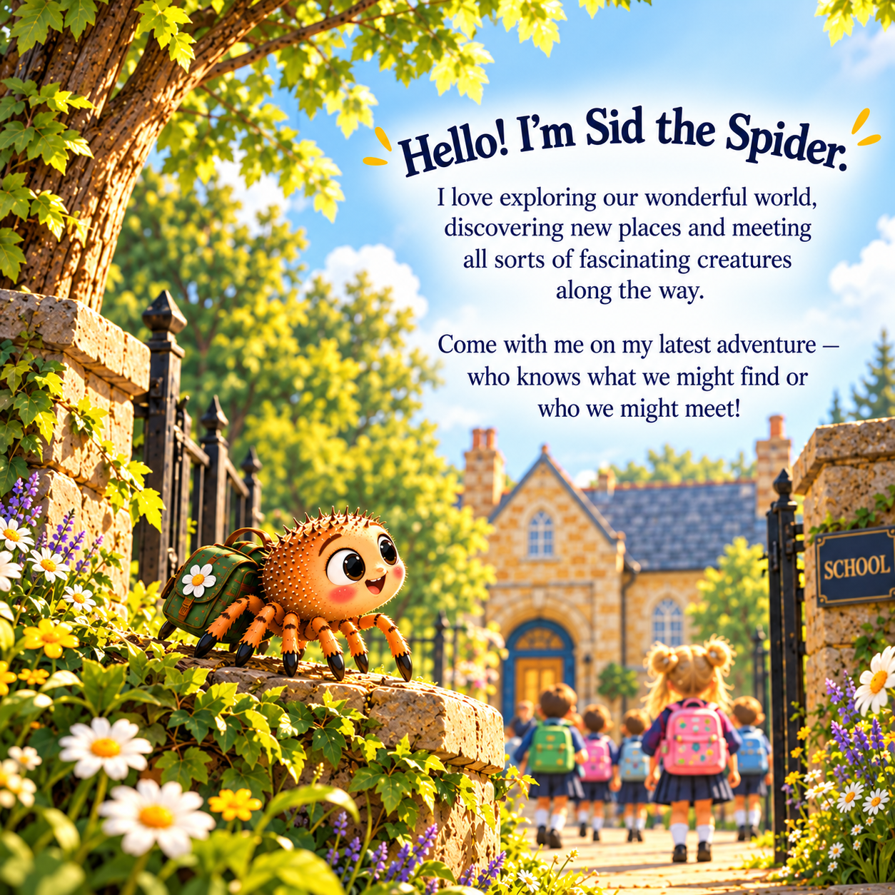 Sid the Spider with his backpack outside a school. Hello! I’m Sid the Spider. I love exploring our wonderful world, discovering new places and meeting all sorts of fascinating creatures along the way. Come with me on my latest adventure — who knows what we might find or who we might meet!